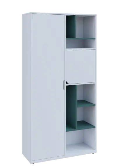 KSR6-83 L skříň šatní, 1x výsuvné ramínko, dvířka, niky, 2053x1022x400 mm, provedení levé, korpus a dvířka bílá sněžná/police světle petrolejová